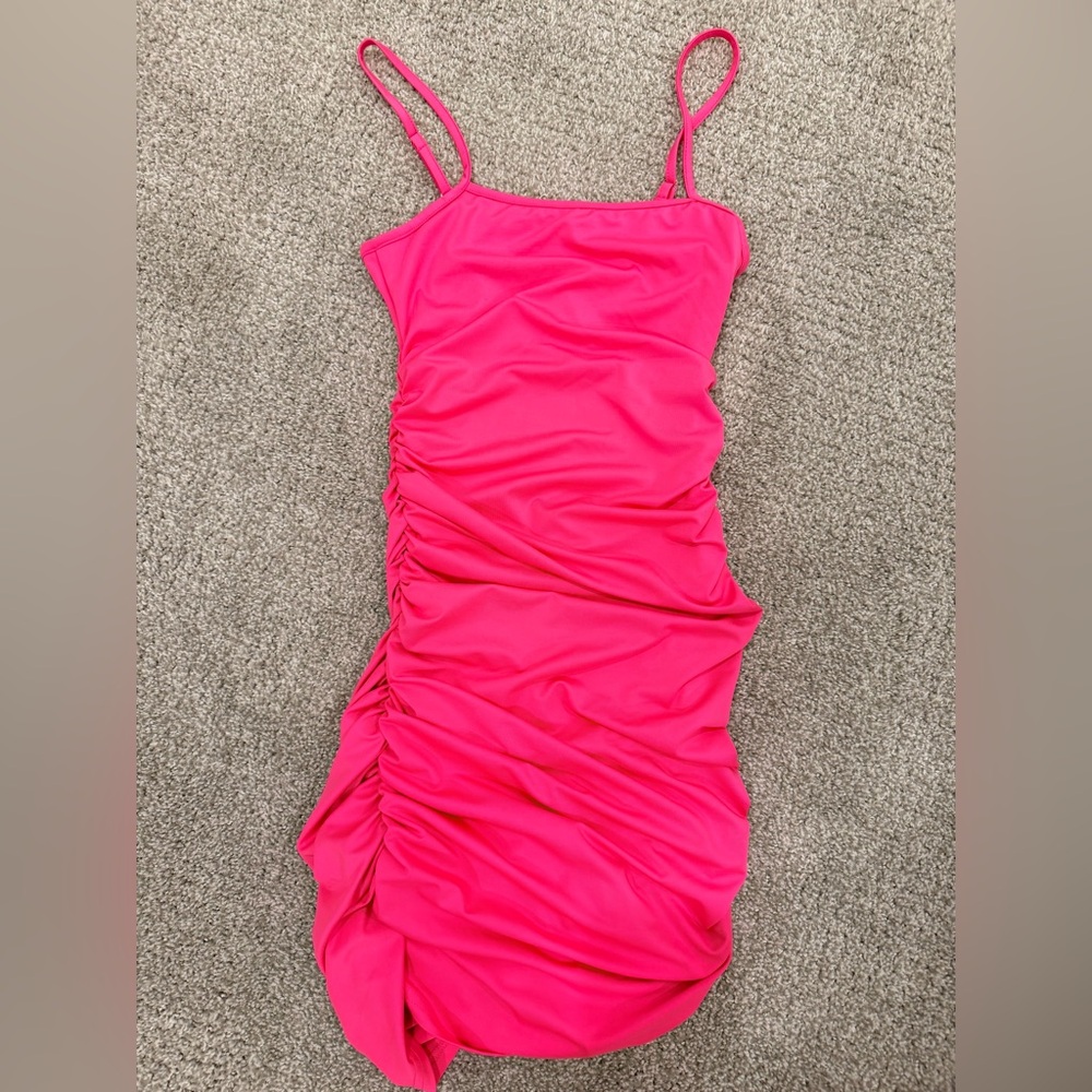 Hot Pink Ruched Spaghetti Strap Dress